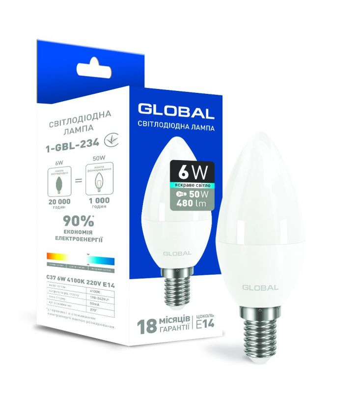 LED лампа Global C37 CL-F 6W яскраве світло E14 на сайте cabelelectro.com.ua
